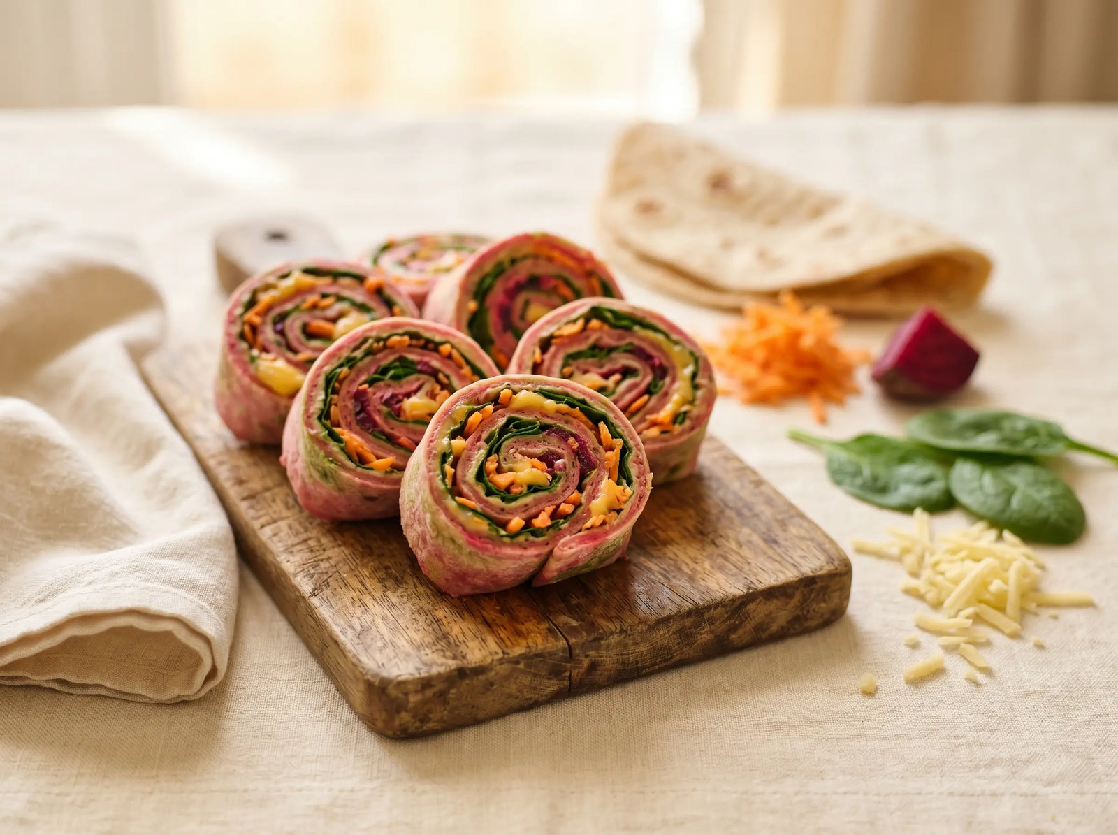 Rainbow veg & cheese roti pinwheels — a pretty spiral that makes vegetables fun (2–5 years)