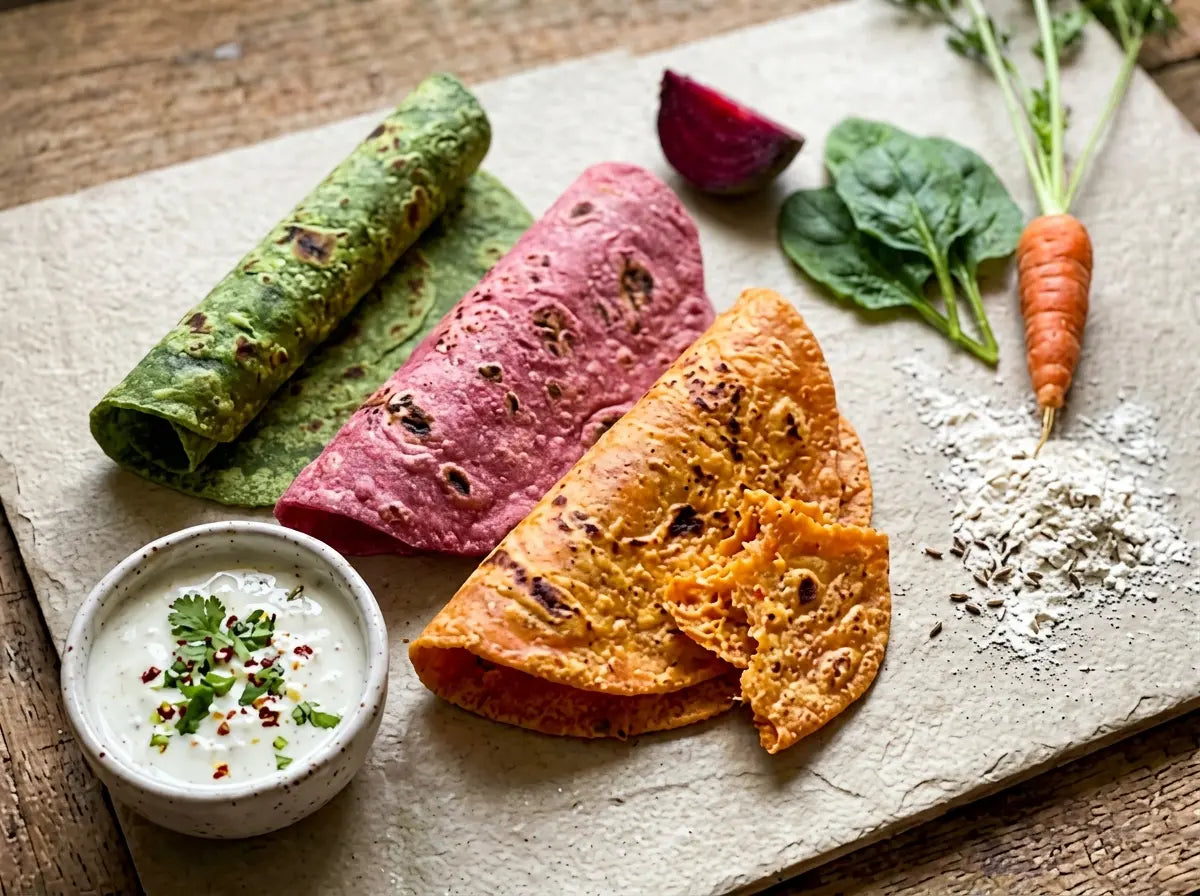 Rainbow vegetable rotis — pink, green and orange that make a fussy eater curious (2–5 years)