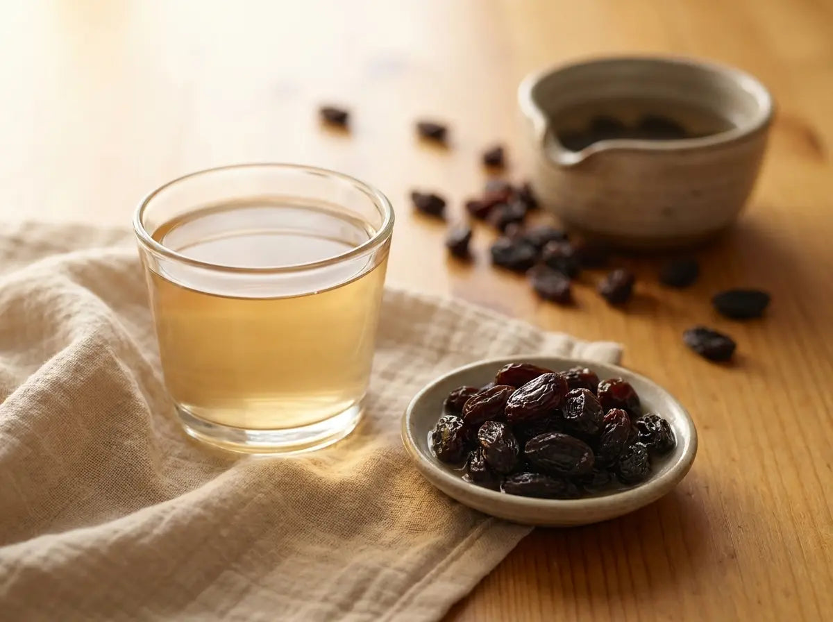 Overnight raisin water — grandmother's quiet iron tonic in a tiny morning glass (2–5 years)