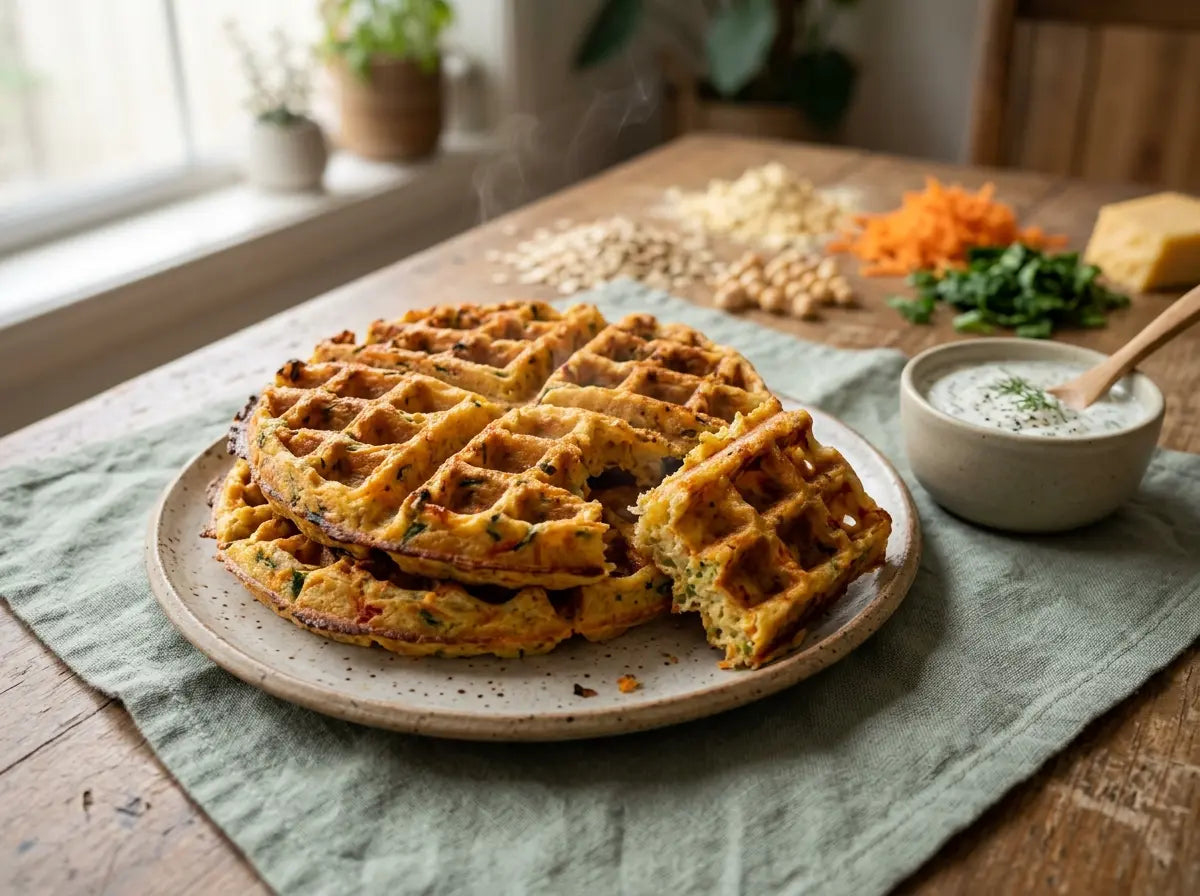 Savoury veg & oats waffles — the grid shape that makes vegetables a treat (2–5 years)