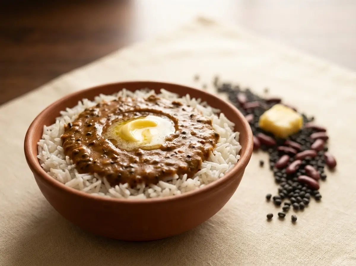 Soft dal makhani with rice — a creamy, slow-cooked bowl that helps a light eater gain (2–5 years)