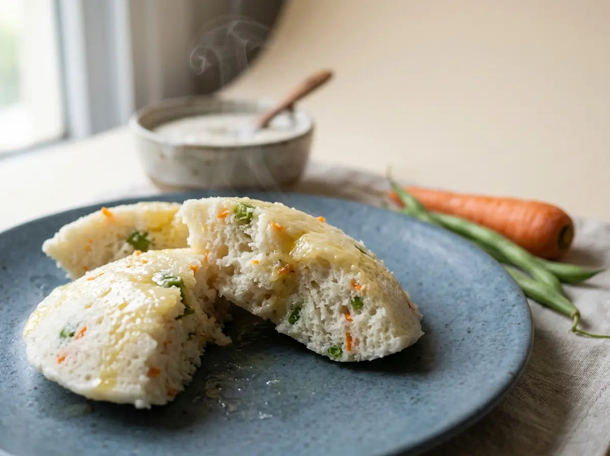 Soft veggie idli with ghee — climbing the texture ladder for the toddler who gags (1–2 years)