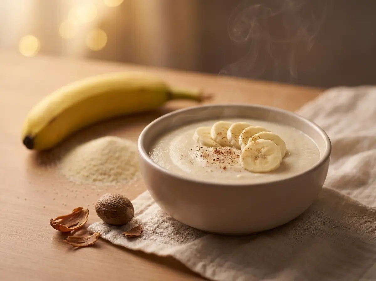 Warm sooji-banana porridge — a soft, soothing spoonful for the bedtime hour (2–5 years)