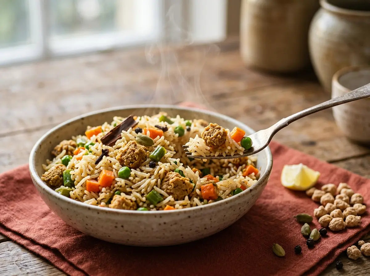 Soya keema vegetable pulao — a protein-and-iron powerhouse that eats like a treat (2–5 years)