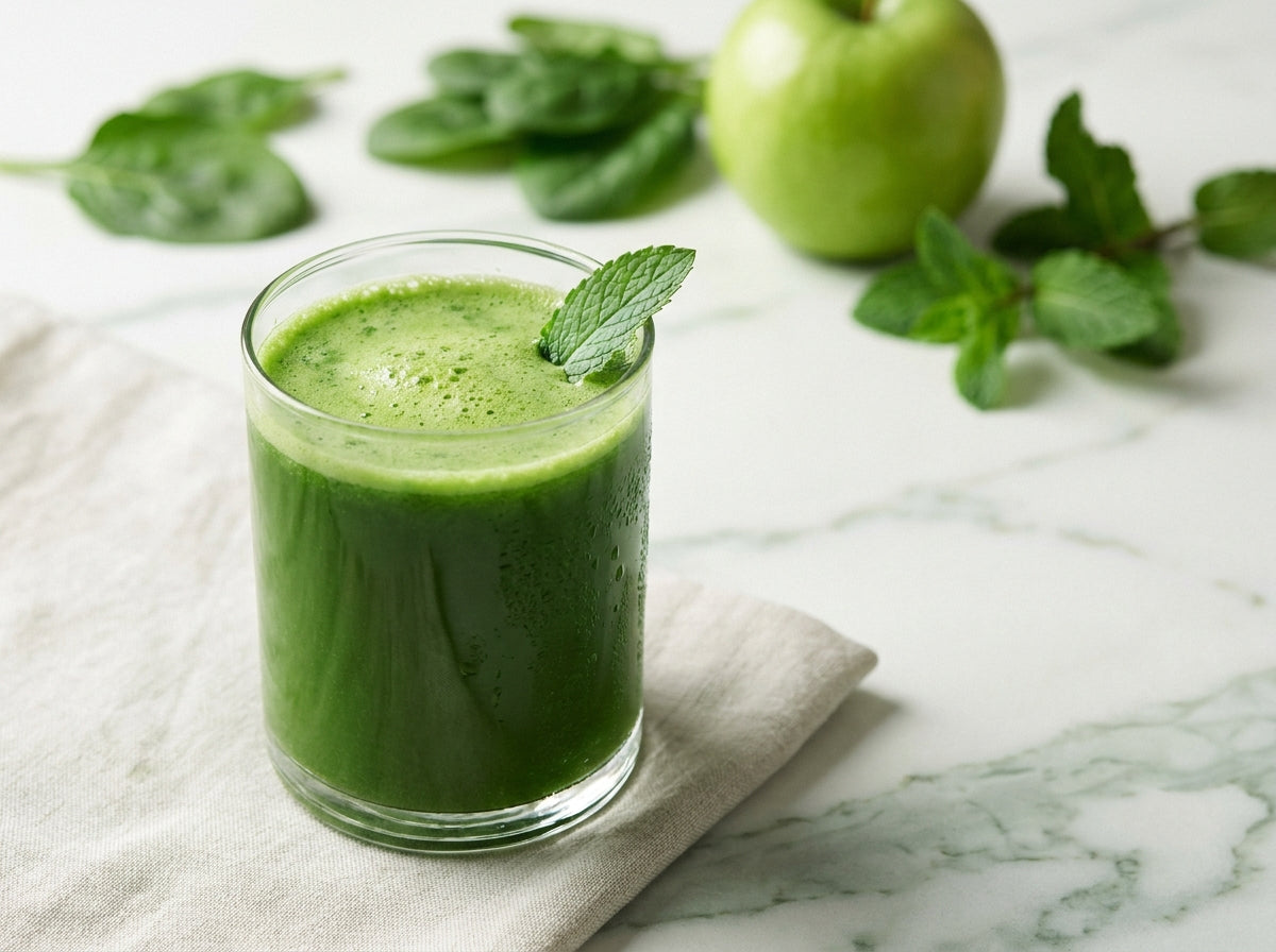 Green apple-spinach sip — a bright emerald juice that sneaks iron past the fussiest eye (2–5 years)