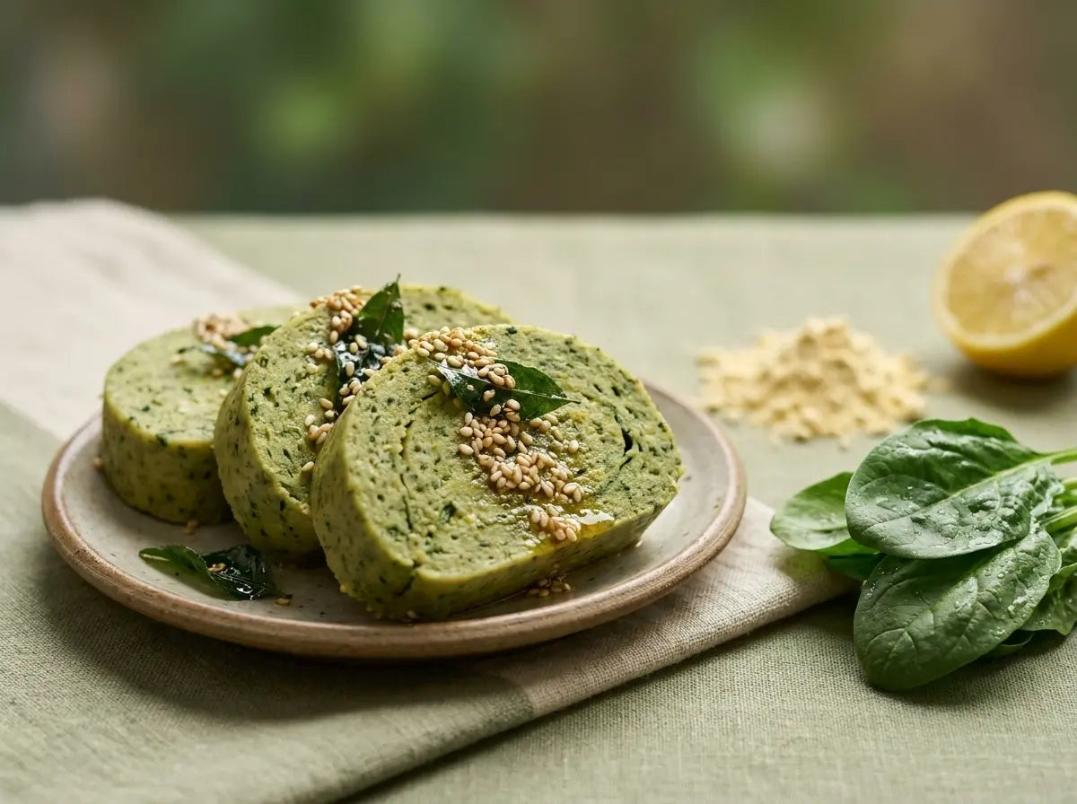 Steamed palak-besan muthia — soft green savoury bites that pack leafy iron (2–5 years)