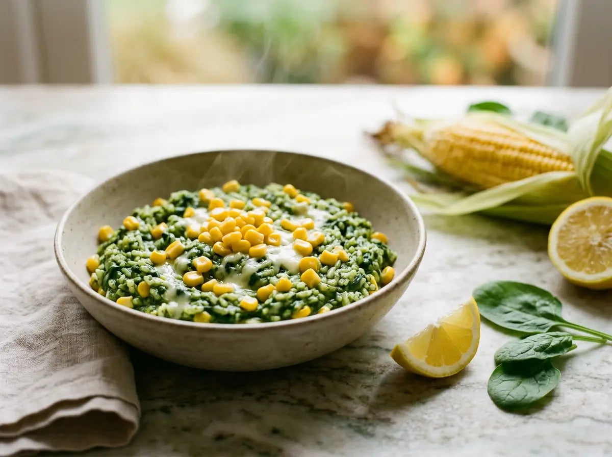 Palak-corn creamed rice — a green-and-gold bowl that makes iron taste like comfort food (2–5 years)
