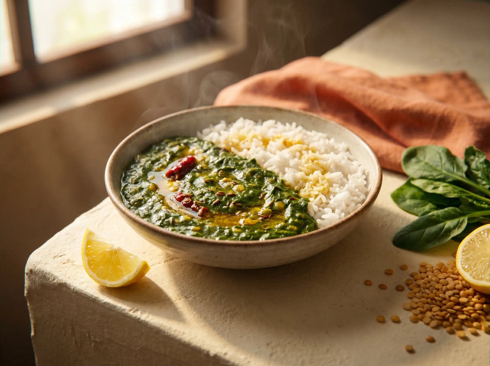 Spinach & toor dal with rice — a classic iron-rich lunch for steady energy (1–2 years)