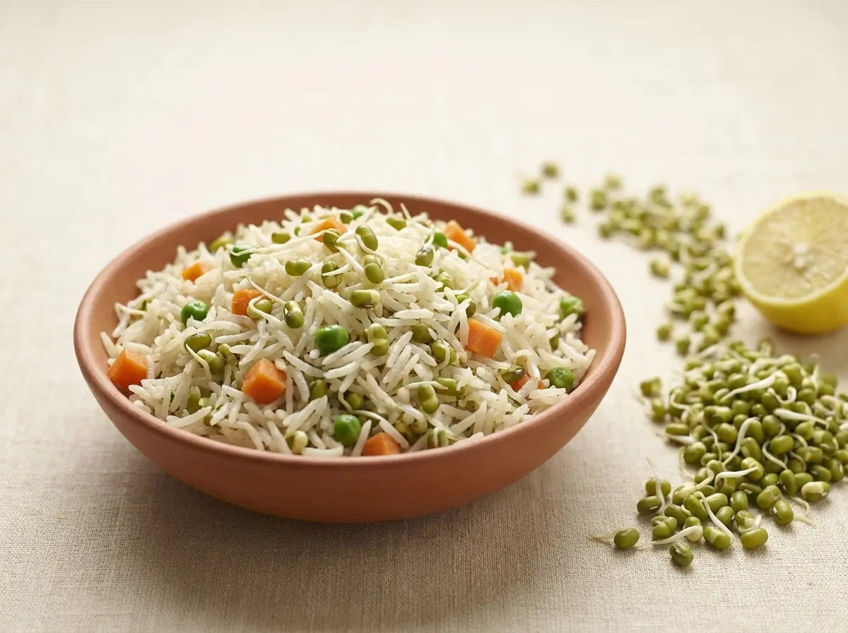Sprouted moong & vegetable rice — a gentle bowl where sprouting unlocks the iron (2–5 years)