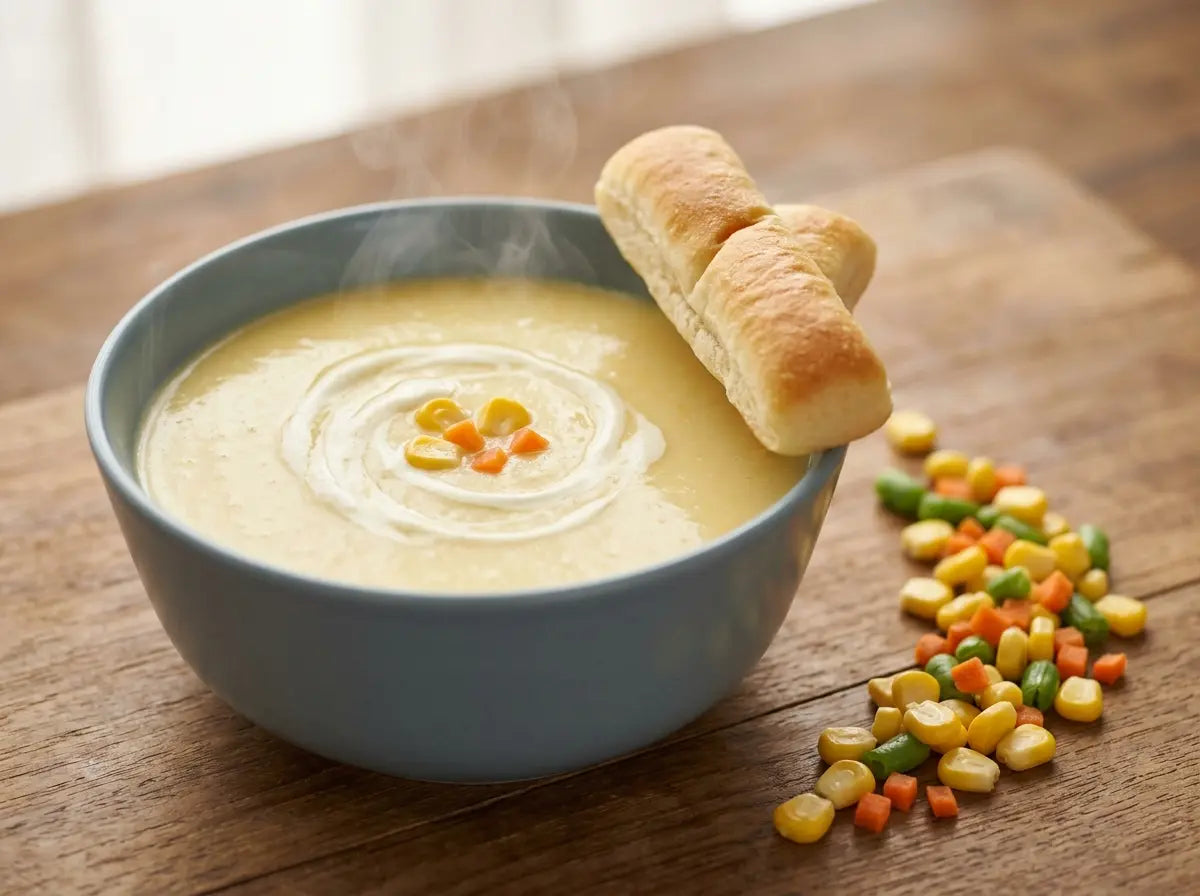 Sweet corn & vegetable soup — a sweet, smooth soup a picky toddler will sip (1–2 years)