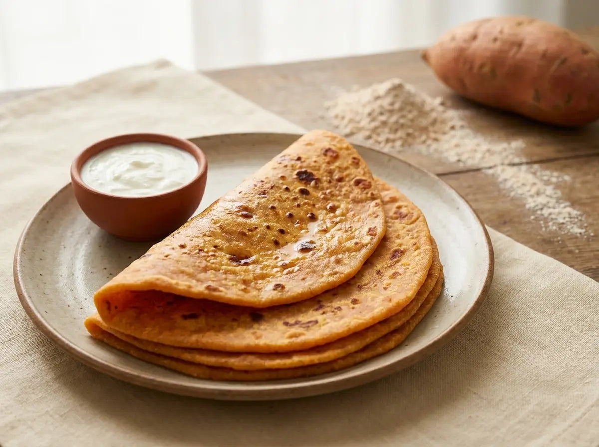 Soft sweet-potato parathas with curd — a naturally sweet, energy-rich plate for healthy gain (2–5 years)