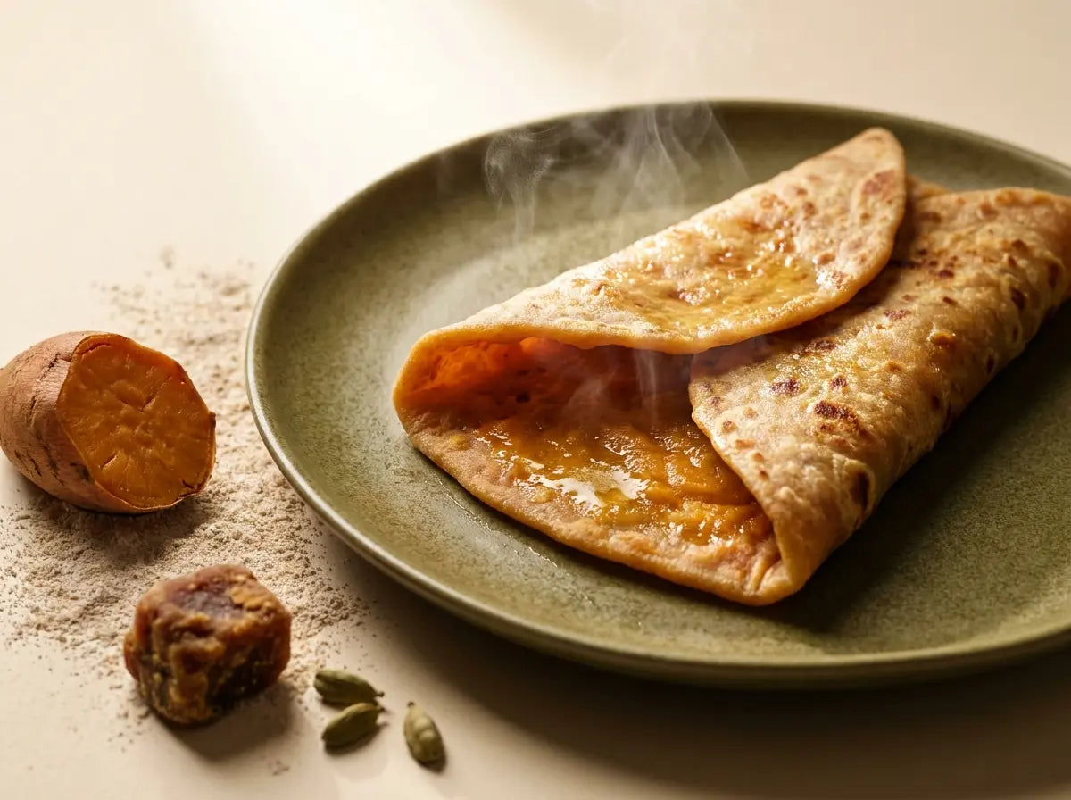 Sweet-potato & jaggery paratha — redirecting the sweet tooth (2–5 years)