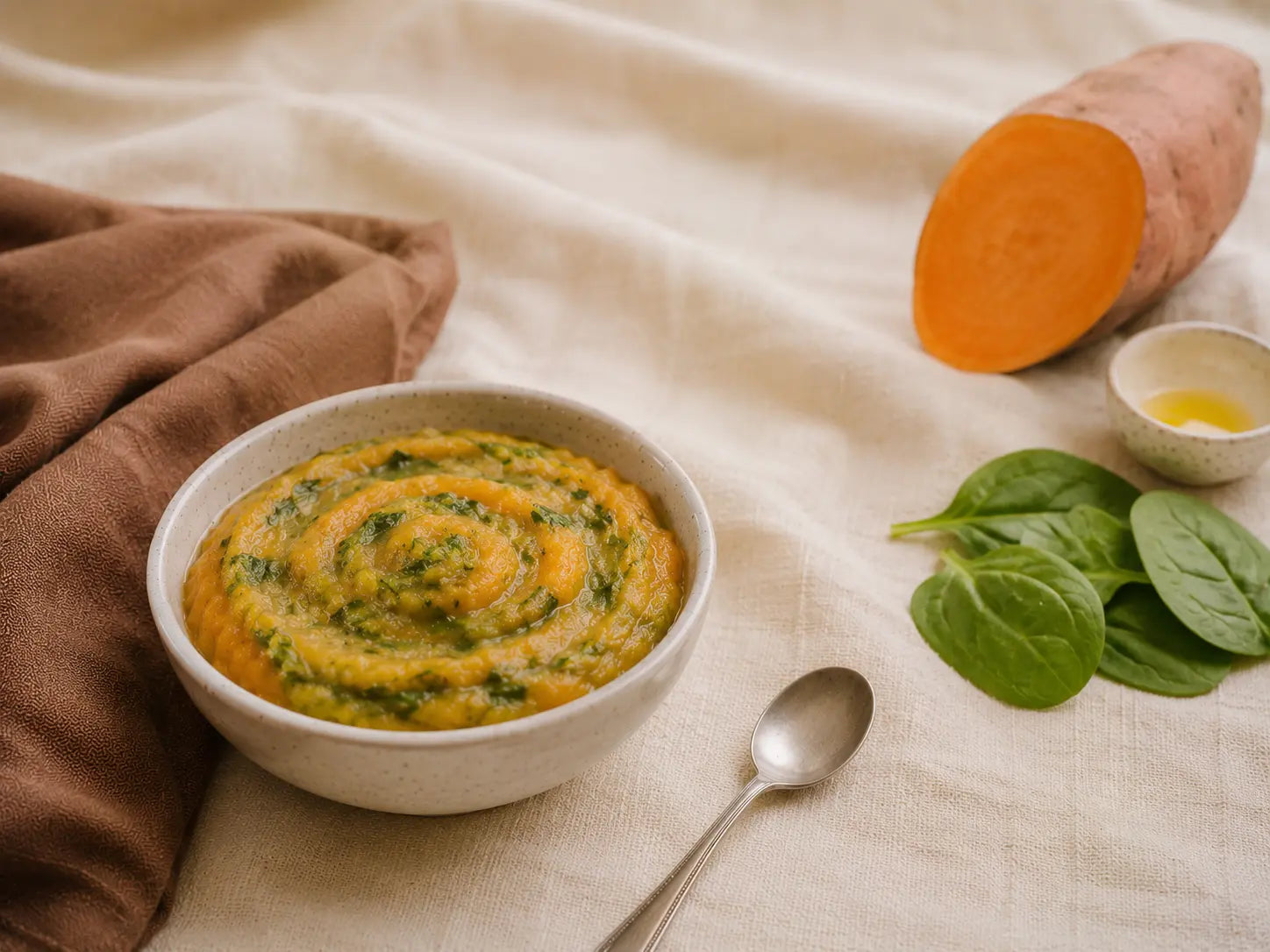 Sweet potato & spinach mash — a sweet, gentle first taste of greens (6–12 months)