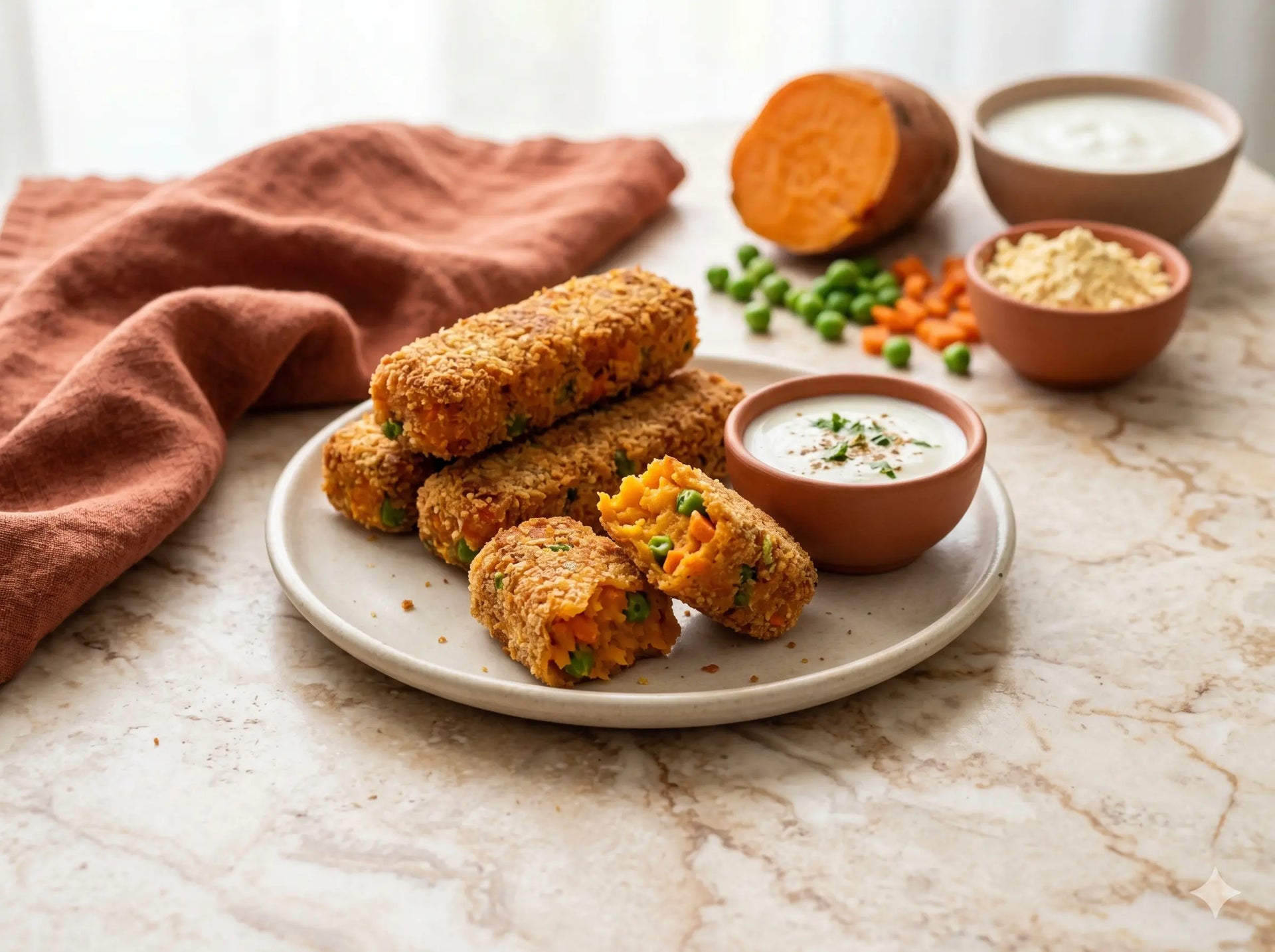 Baked sweet potato & veg fingers — dippable “fries” a picky toddler reaches for (1–2 years)