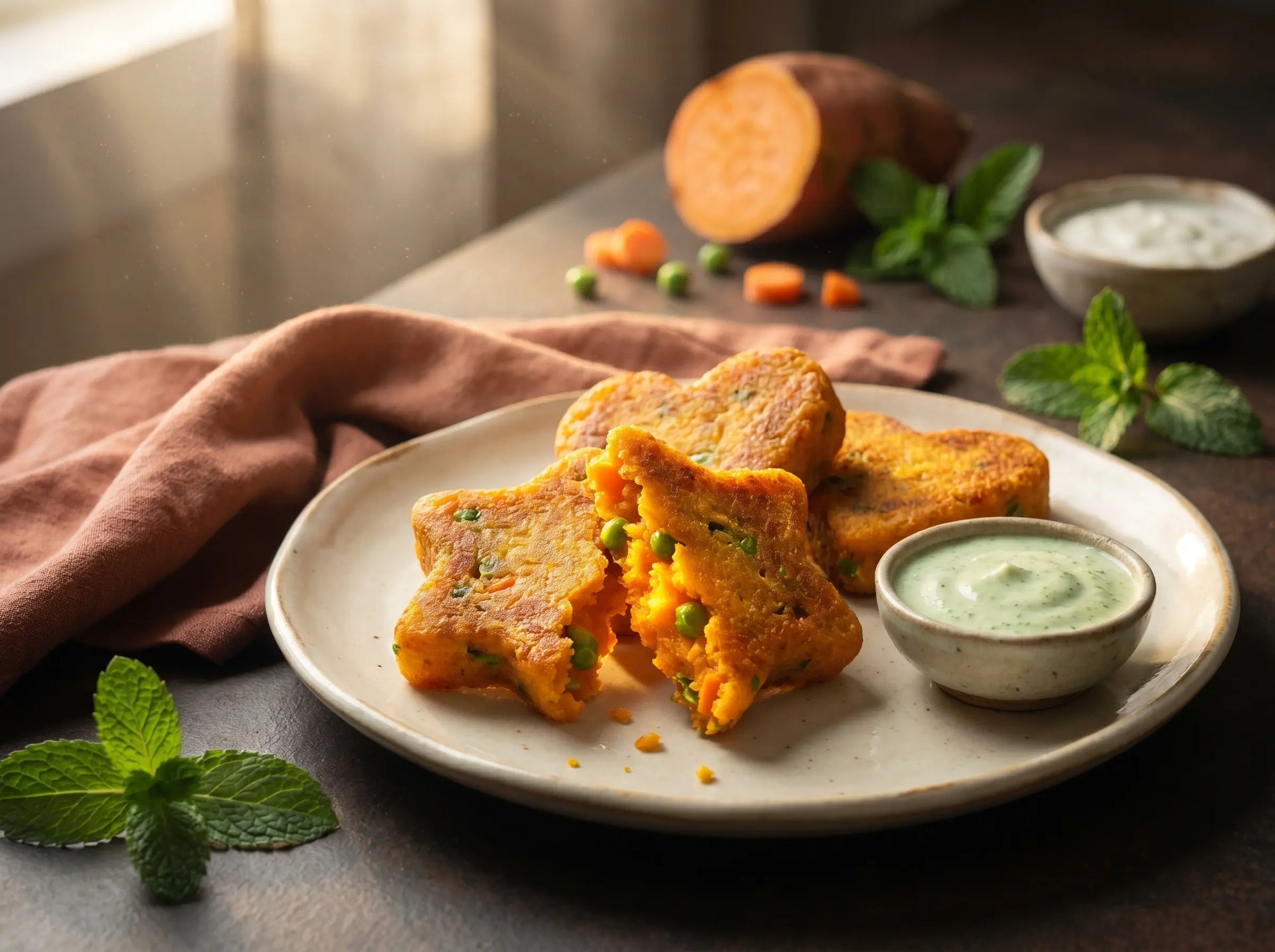 Sweet potato & veg tikki shapes with mint-curd dip — stars and hearts a picky eater can't resist (2–5 years)