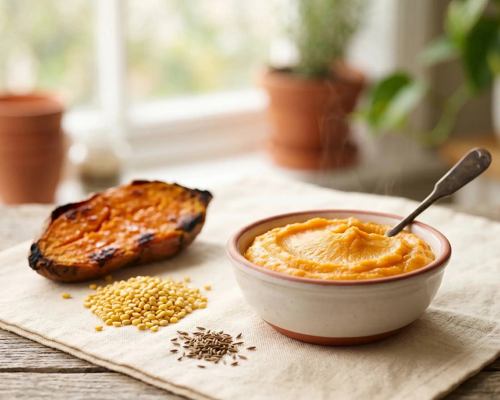Sweet potato & moong mash — a naturally sweet meal for gentle weight gain (6–12 months)