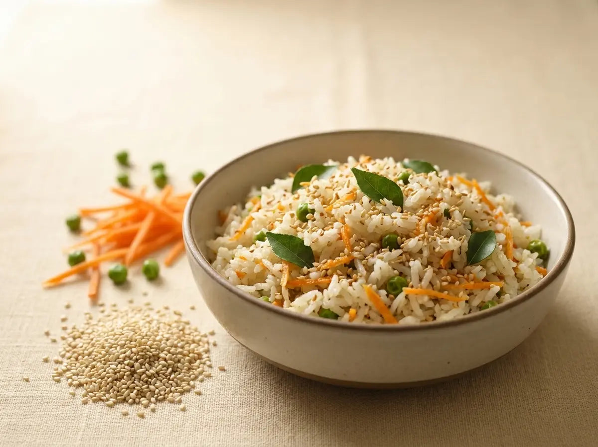 Toasted sesame vegetable rice — a nutty bowl that scatters plant calcium over lunch (2–5 years)