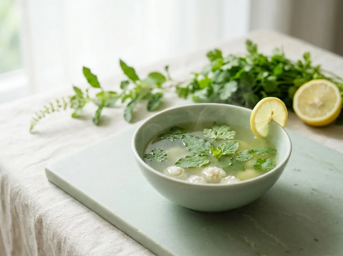 Tulsi-coriander green broth — the fragrant bowl carrying the leaf India has trusted for generations (2–5 years)