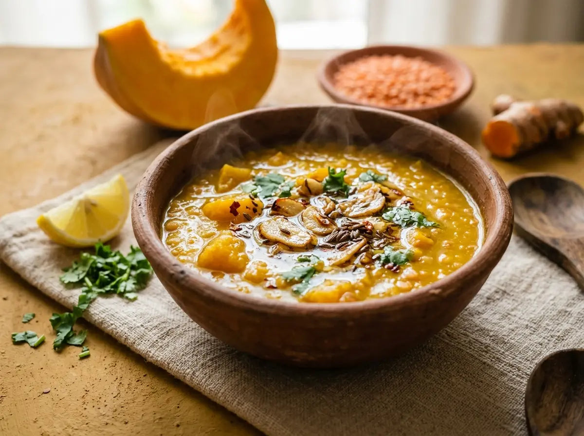 Golden turmeric-pumpkin dal — the sunshine bowl that quietly arms a child against the season (2–5 years)