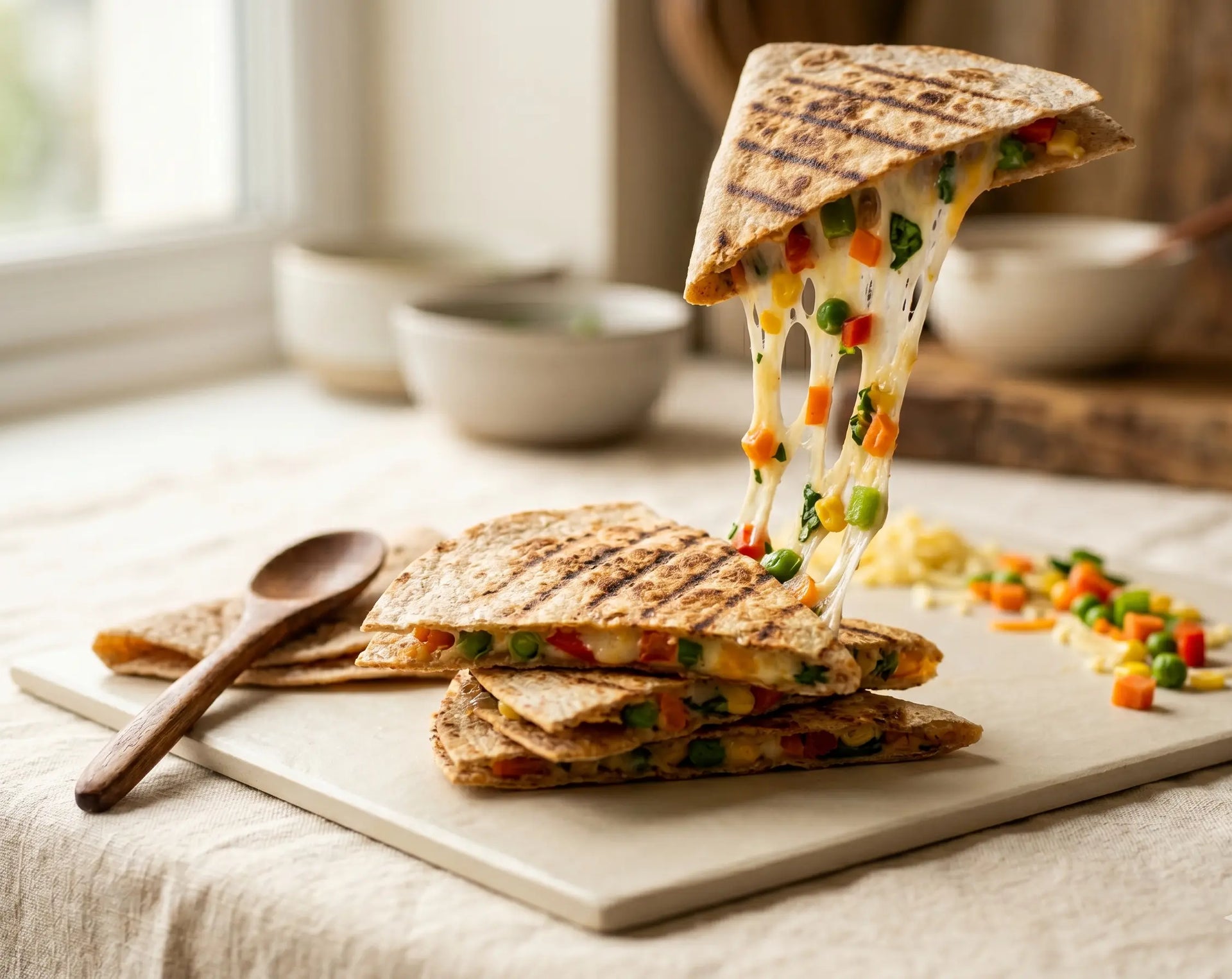 Veg & cheese quesadilla triangles — the cheese pull that makes vegetables welcome (2–5 years)