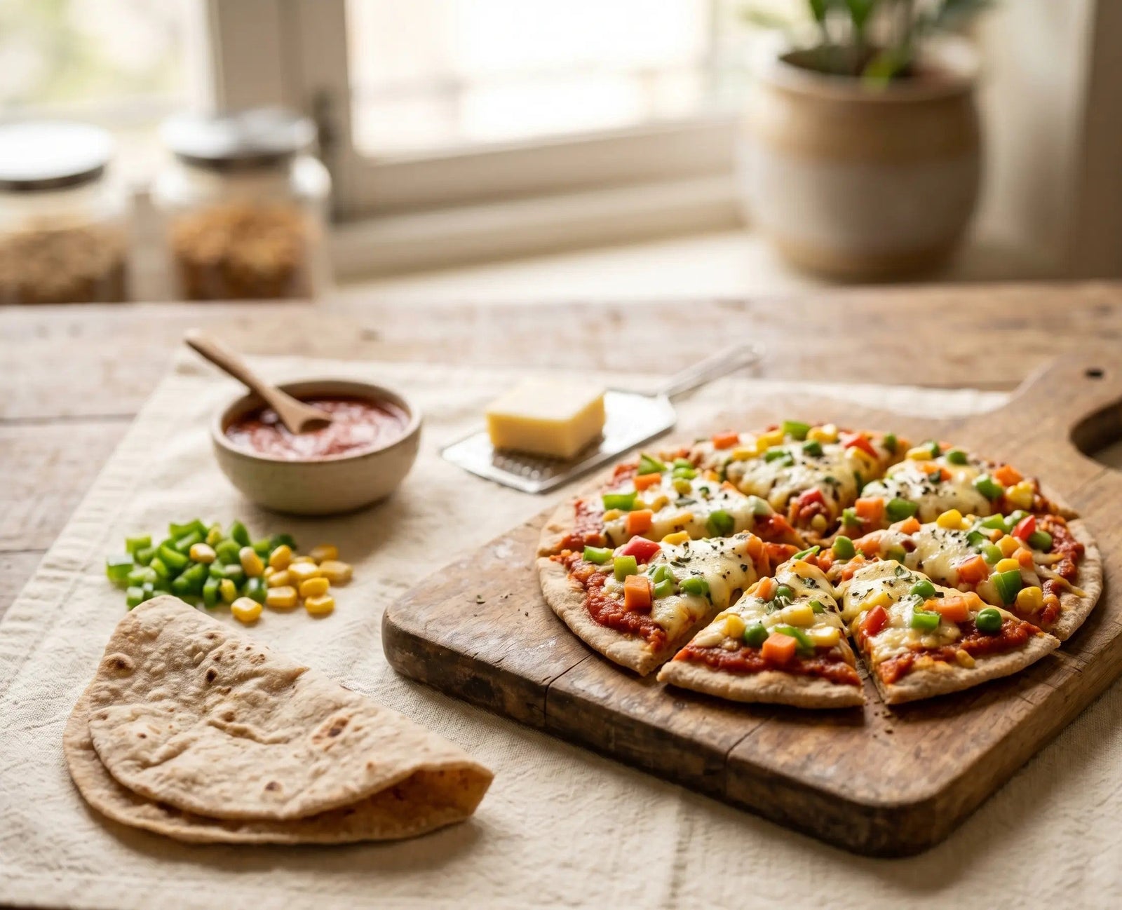 Veg & cheese roti pizza — the word “pizza” makes vegetables exciting (1–2 years)