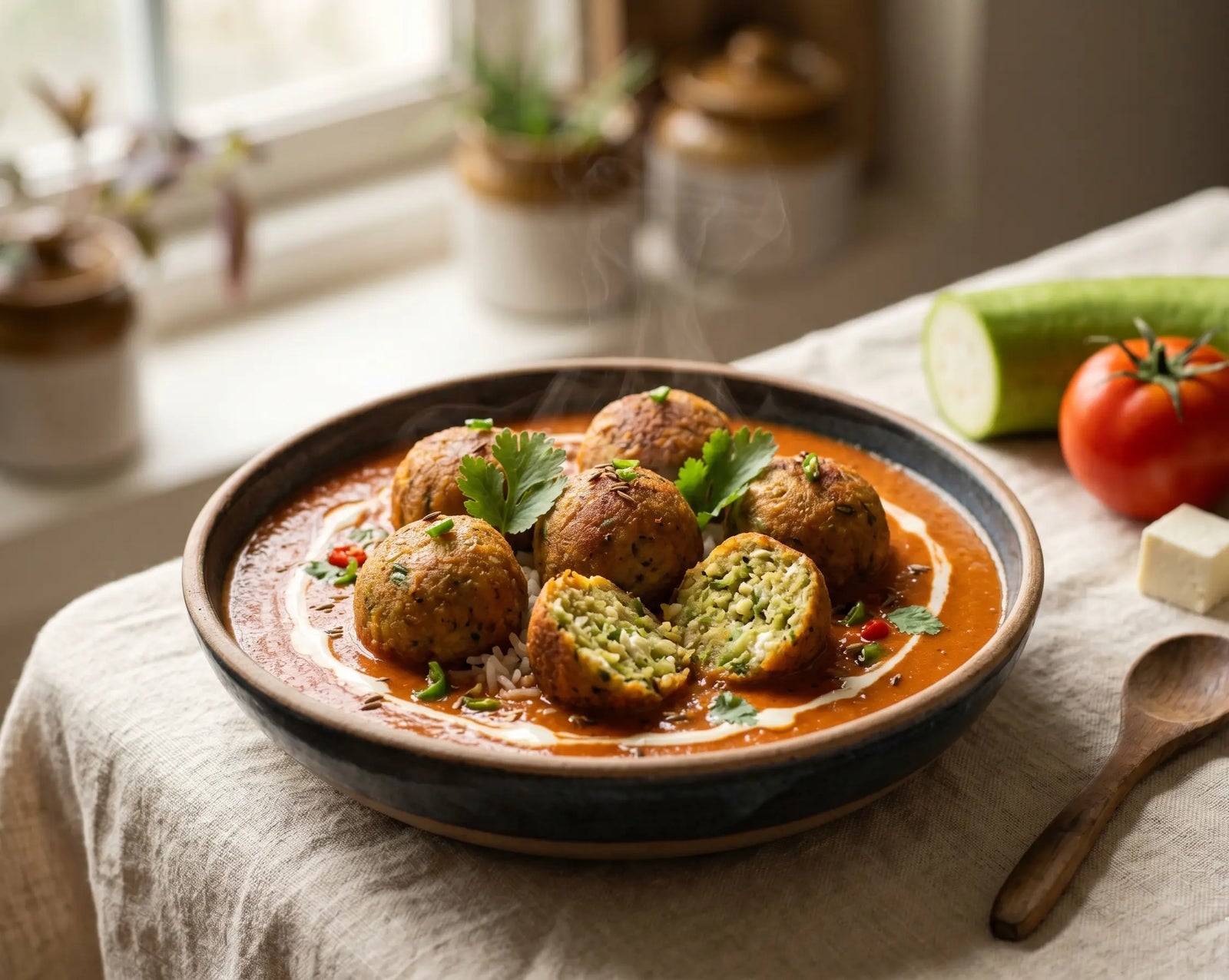 Veg-paneer koftas in mild tomato gravy — for the child who eats only smooth, saucy food (2–5 years)