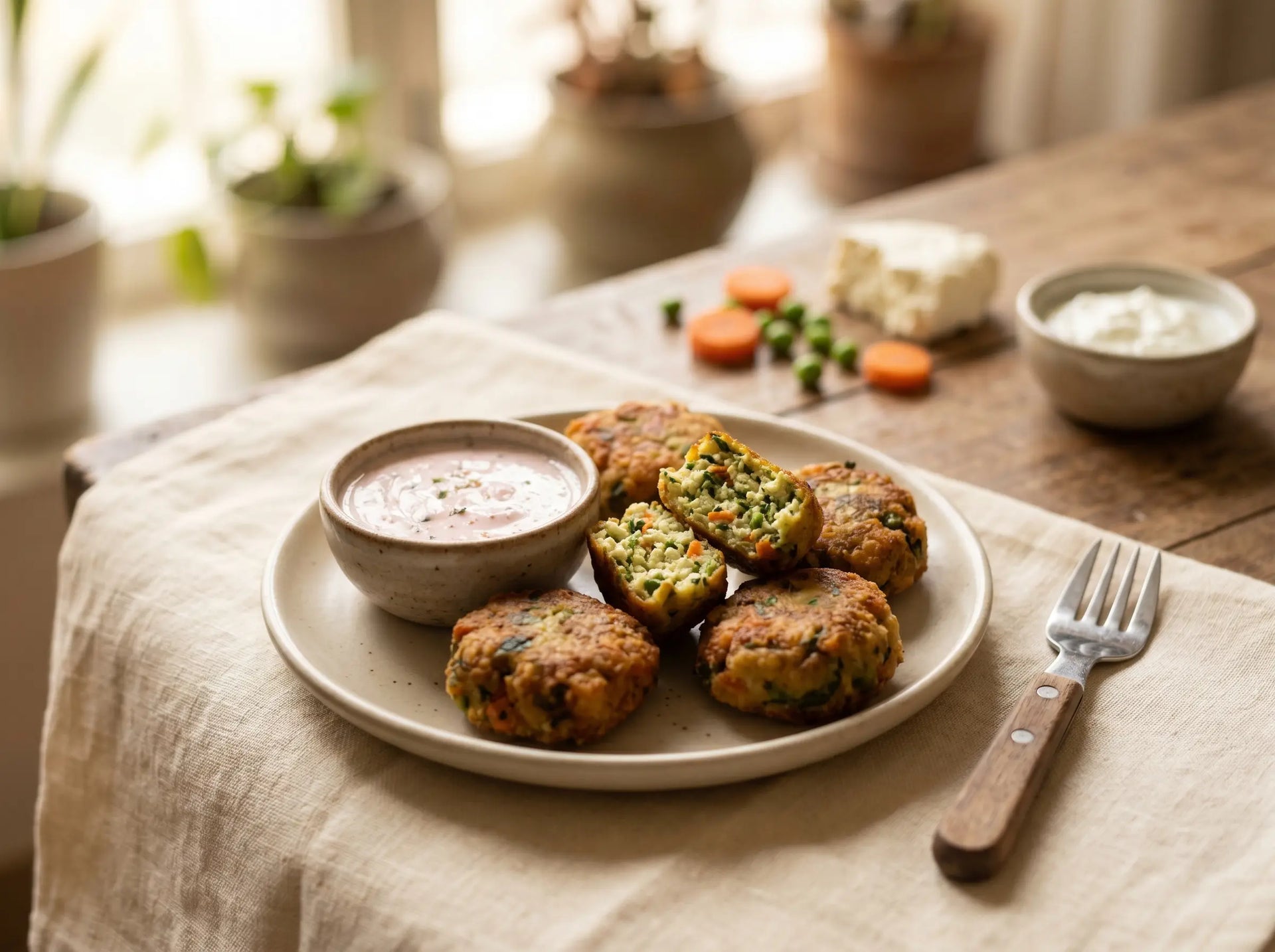 Veg & paneer nuggets with a pink curd dip — finger food a picky eater wants to dip (2–5 years)