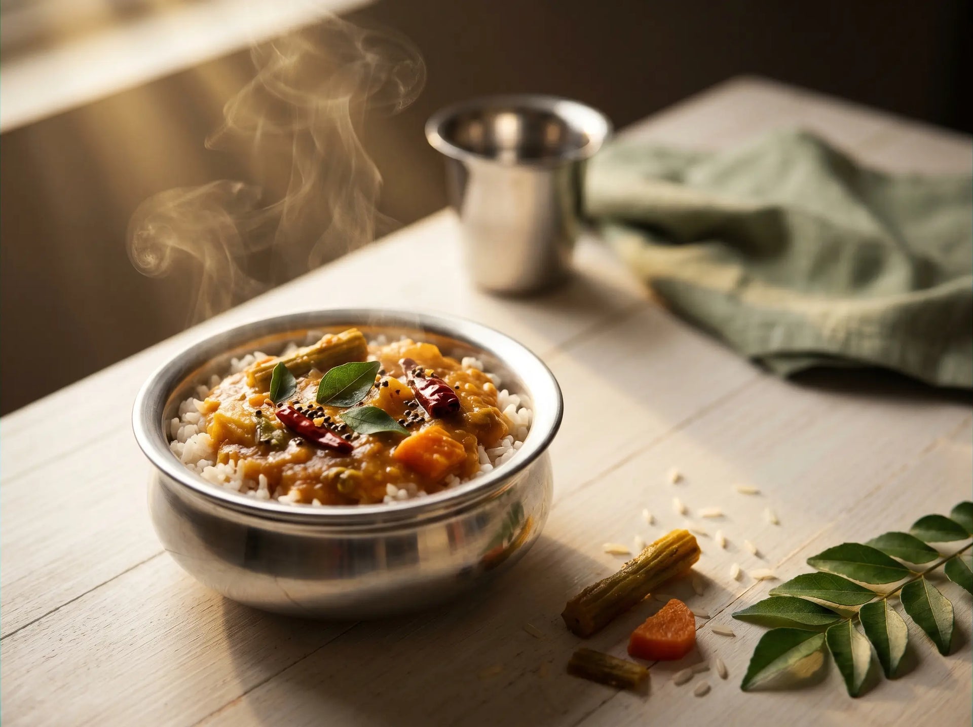 Mixed vegetable sambhar with rice — a vitamin-packed everyday lunch for immunity (1–2 years)