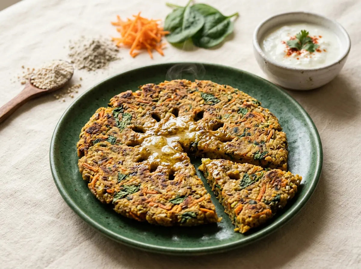 Vegetable thalipeeth — a multigrain flatbread that hides several vegetables at once (2–5 years)