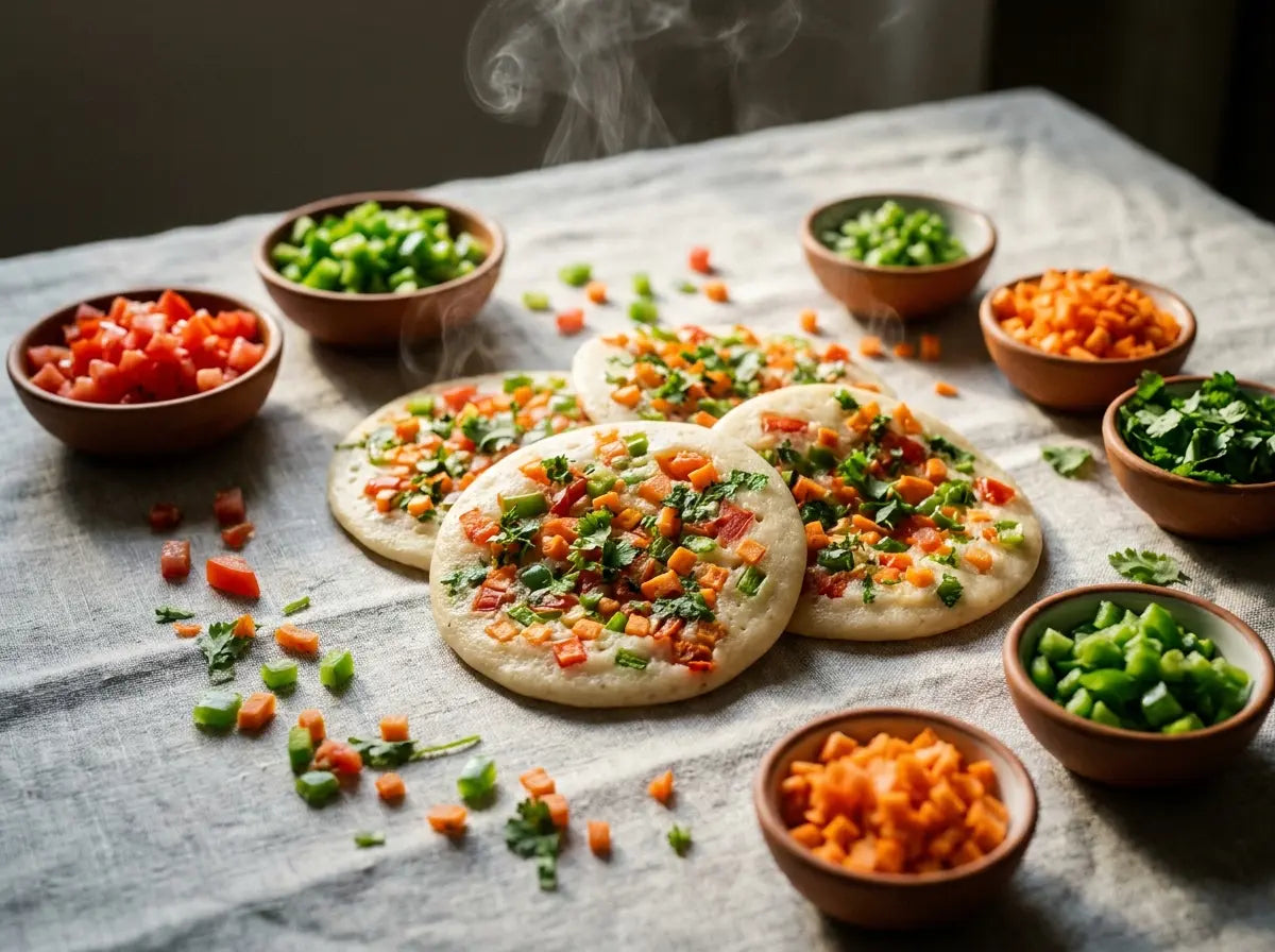 Veggie-loaded mini uttapam — meeting vegetables through play for the toddler who picks them out (1–2 years)