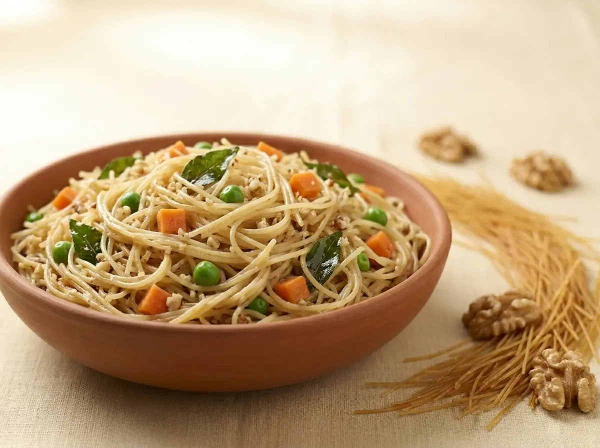 Walnut-vegetable sevai upma — a soft savoury noodle-bowl with a brain-fat finish (2–5 years)