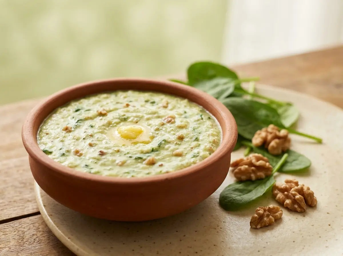 Walnut-spinach khichdi — a green one-pot stirred with the brain's favourite fat (2–5 years)