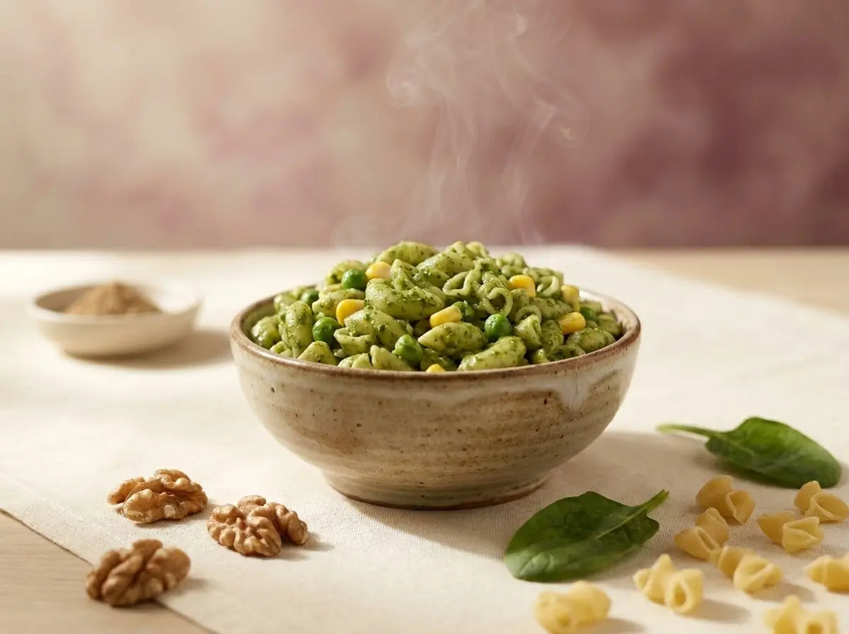 Walnut & vegetable pesto pasta — a green omega-3 lunch kids ask for (2–5 years)